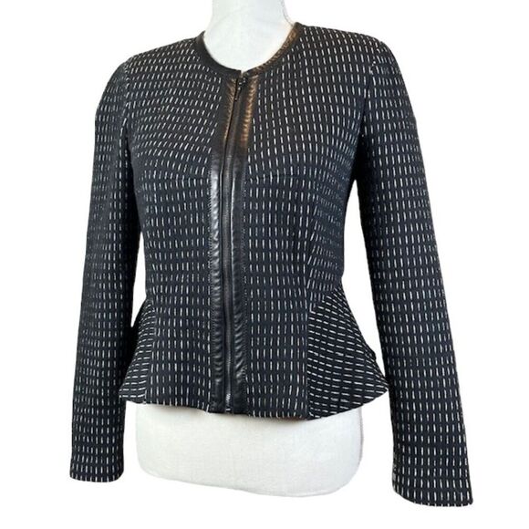 Rebecca Taylor Peplum Zip Blazer Cotton Blend Lamb Leather Trim Black Size 2 - Picture 1 of 11
